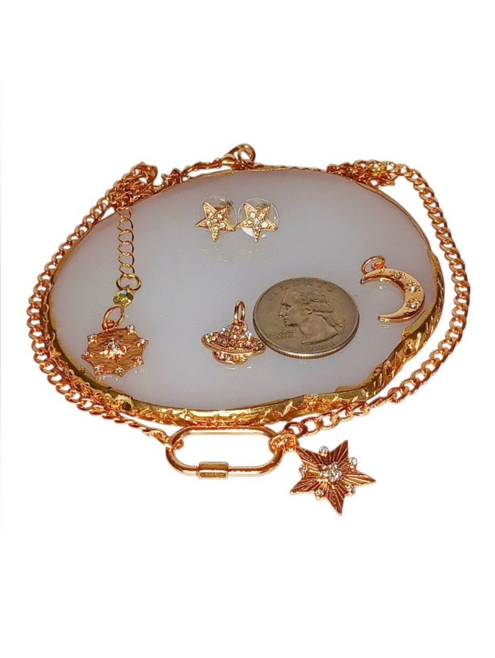 Gold Caribiner Pendant Necklace Star Stud Earrings Mod 60s Astro Core Y2k Core - Picture 14 of 16
